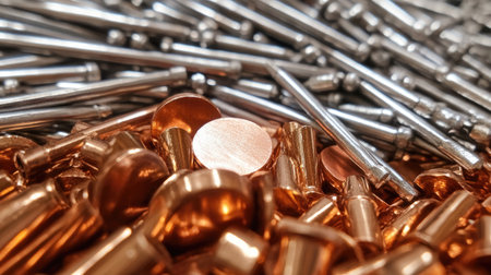 Small pile of copper nails standing out against a mix of stainless steel nailsの素材