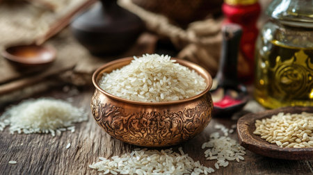 Rice bran oil in a small copper bowl with rice grains and traditional Asian decorative props.の素材