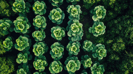 Overhead view of perfectly aligned rows of cabbages growing in fertile soil, surrounded by lush greeneryの素材