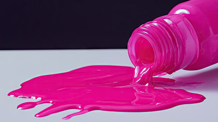 Nail polish bottle tipped over with a pool of bright pink polish spilling onto a white tableの素材