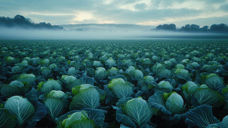 Early morning mist covering a field of cabbages, creating a serene and atmospheric sceneの素材