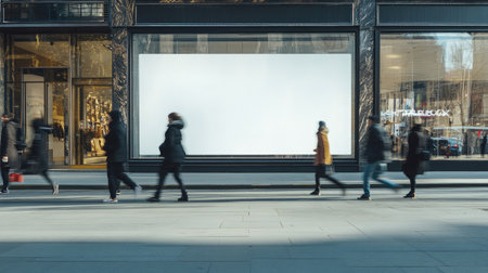 Empty billboard on a storefront with pedestrians passing by, capturing a prime location for new advertisementsの素材