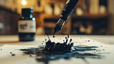 Ink splattering from a pen tip into chaotic blots near an ink bottle on a desk.の素材