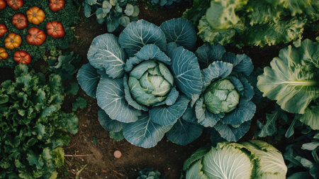 Lush cabbages growing alongside rows of other vegetables in a diversified farming plotの素材