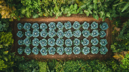 Overhead view of perfectly aligned rows of cabbages growing in fertile soil, surrounded by lush greeneryの素材