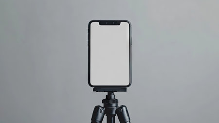 Smartphone mockup with a blank screen attached to a tripod, suggesting video creation or photographyの素材