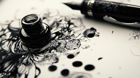 Monochromatic black and white scene of an ink bottle, pen, and intricate ink blot designs.の素材