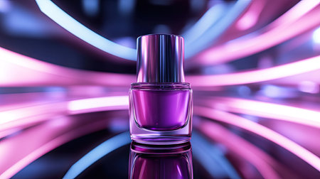 Nail polish bottle with metallic purple polish placed against a futuristic reflective backgroundの素材