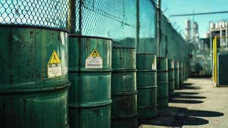 Row of green metal barrels with warning labels placed along a fenced industrial compound.の素材