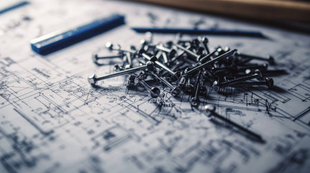 Wide-angle shot of nails scattered on a construction blueprint, ready for a building projectの素材