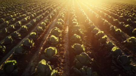 Wide view of a cabbage farm during golden hour, with long shadows stretching across the fieldの素材