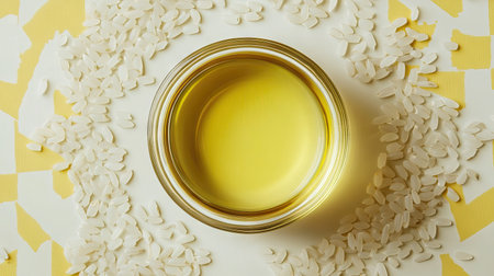 Top-down view of rice bran oil in a bowl, surrounded by rice grains in geometric patterns.の素材