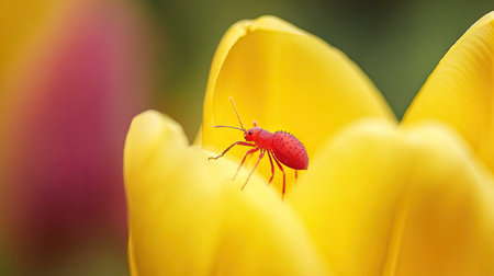 Tiny red spider mite moving across the petals of a fully opened yellow tulip in a morning gardenの素材