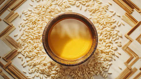 Top-down view of rice bran oil in a bowl, surrounded by rice grains in geometric patterns.の素材