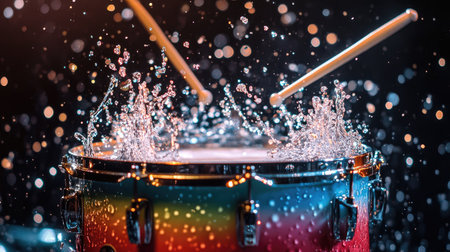 Water splashes into a rainbow of colors above a snare drum as drumsticks hit it with force in a concert scene.の素材
