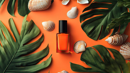 Vibrant orange nail polish bottle with a tropical theme, surrounded by palm leaves and seashellsの素材