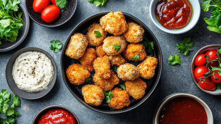 Air fryer cooking a batch of chicken nuggets, surrounded by dips, sauces, and fresh garnishes on a countertopの素材