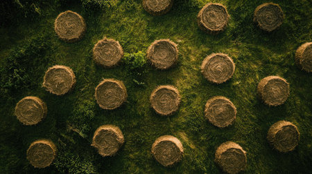 Aerial view of a countryside meadow showing circular hay rolls neatly spaced across the landscapeの素材