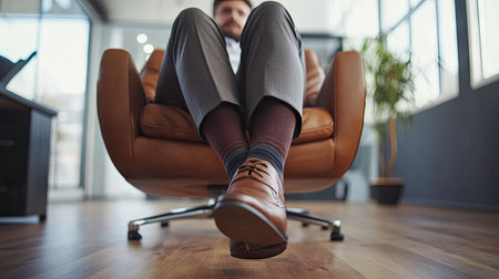 A businessman in tailored trousers and stylish socks crossing his legs during a meeting in a sleek officeの素材