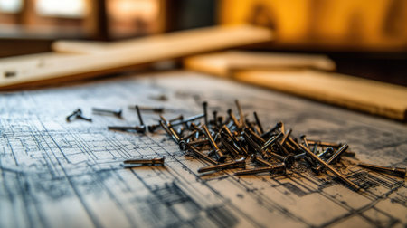 Wide-angle shot of nails scattered on a construction blueprint, ready for a building projectの素材