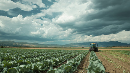 Tractor working in a cabbage field under a cloudy sky, showcasing modern farming techniquesの素材