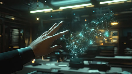A businessman's hand reaching out to interact with flying D rendering nodes in a high-tech workspaceの素材