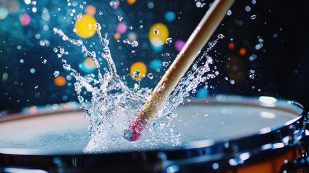 Vibrant close-up of drumsticks smashing onto a snare drum with multicolored water splashes caught mid-air.の素材