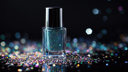 Transparent nail polish bottle with floating glitter pieces, placed on a glossy black surfaceの素材