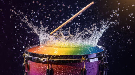 Water splashes into a rainbow of colors above a snare drum as drumsticks hit it with force in a concert scene.の素材