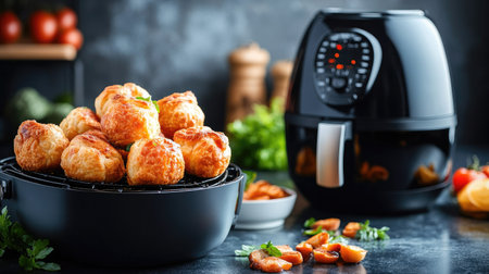 Air fryer glowing softly on a dark countertop, freshly baked pastries being removed from the basketの素材