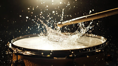 Water flies off a snare drum in a sharp, chaotic pattern as drumsticks hit it, illuminated by a single spotlight.の素材