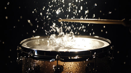 Water flies off a snare drum in a sharp, chaotic pattern as drumsticks hit it, illuminated by a single spotlight.の素材