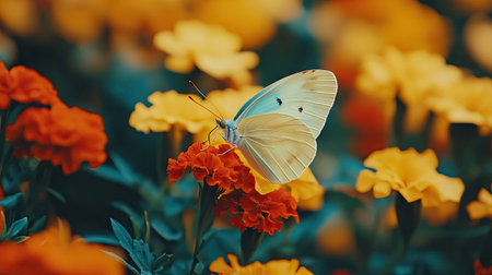 Yellow butterfly landing on a blooming marigold, surrounded by other flowers in soft focusの素材