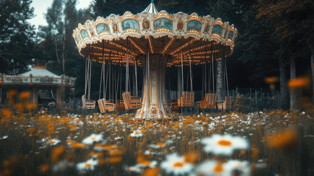 A circular carousel with wooden seats in a yard full of blooming daisies and tall grassの素材