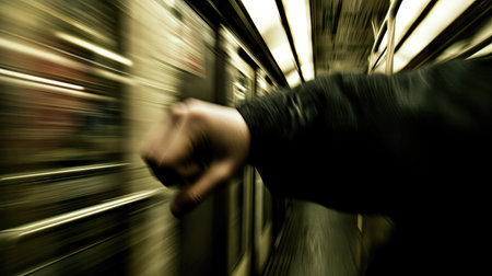 Artistic shot of a man's hand gripping a subway handle, blurred motion of the train interior for a dynamic vibeの素材