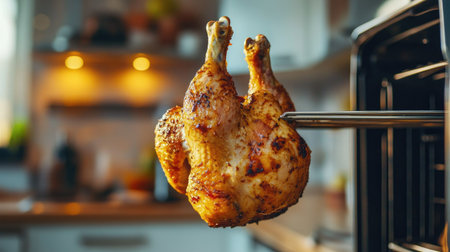Air fryer with a rotisserie feature in action, cooking a whole chicken to golden perfection inside a bright modern kitchenの素材