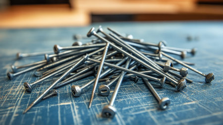 Wide-angle shot of nails scattered on a construction blueprint, ready for a building projectの素材