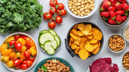Air fryer placed on a dining table filled with healthy snacks, like roasted nuts and kale chips, with bowls of fresh produce nearbyの素材