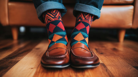 A close-up of bold geometric-patterned socks worn with loafers on a wooden floorの素材