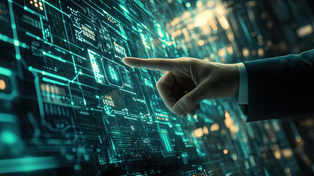 A close-up of a businessman's finger hovering near glowing D digital nodes on a futuristic backdropの素材
