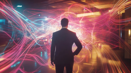 A businessman surrounded by swirling, dynamic holographic D connections in a glowing office spaceの素材