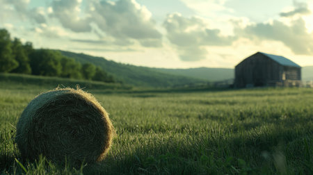 A close-up of a single hay roll with a sprawling green field and a rustic barn in the backgroundの素材