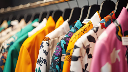 A close-up of hanger details and labels on colorful suits displayed on a modern clothing rackの素材
