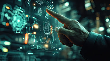 A close-up of a businessman's finger hovering near glowing D digital nodes on a futuristic backdropの素材