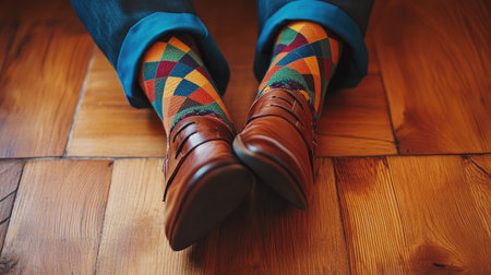 A close-up of bold geometric-patterned socks worn with loafers on a wooden floorの素材