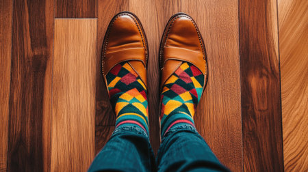 A close-up of bold geometric-patterned socks worn with loafers on a wooden floorの素材