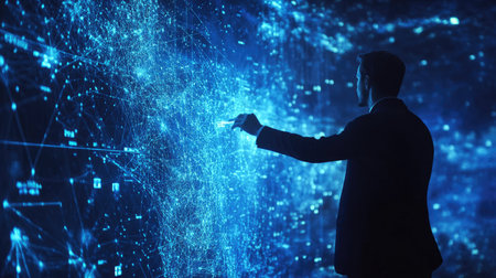 A businessman interacting with a virtual D network interface, displayed in vibrant blue huesの素材