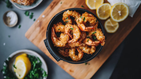 A clean kitchen environment with a compact air fryer, freshly fried seafood, and lemon wedges on a cutting boardの素材