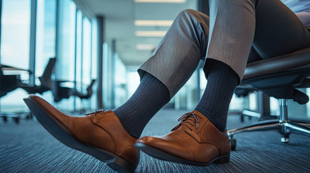 A businessman in tailored trousers and stylish socks crossing his legs during a meeting in a sleek officeの素材