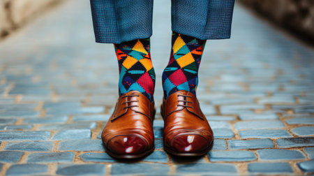 A close-up of funky patterned socks worn with formal attire, adding a quirky touch to the outfitの素材